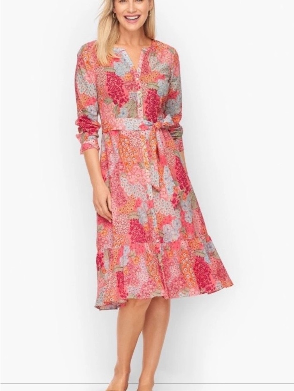 Talbots Pink and Coral Floral Midi Dress
